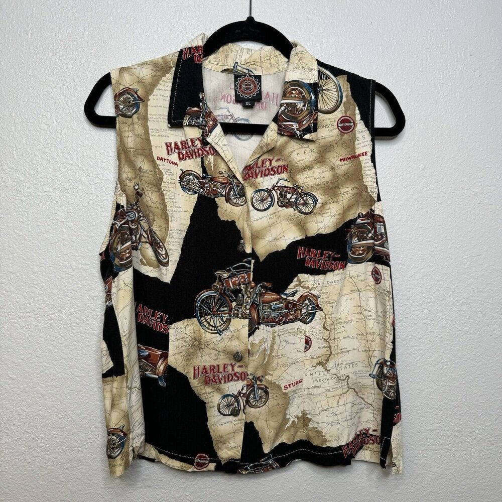 Harley Davidson Vintage Moto Parts Button Up Sleeveless Shirt Maps Women's XL